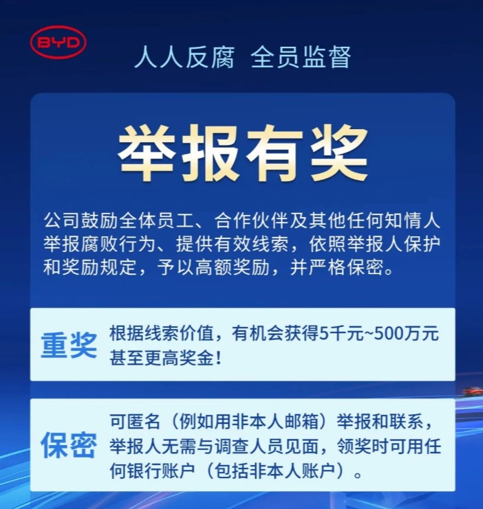 比亚迪公众号于 8 月 16 日发布消息，宣布公司将鼓励全体员工、合作伙伴以及其他知情人举报腐败行为，并为提供有效线索的举报人提供高额奖励。