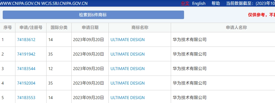 华为还申请了“ULTIMATE DESIGN”商标的其他类别，包括珠宝钟表、广告销售等