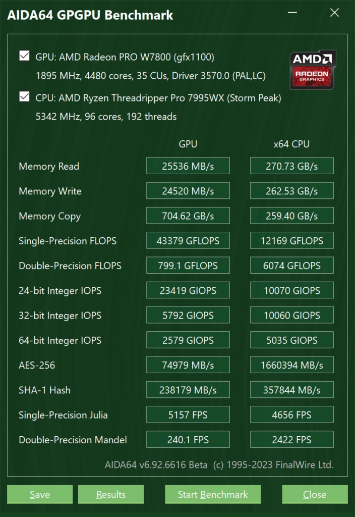 AMD Ryzen Threadripper 7995WX CPU AIDA64 GPGPU基准测试的数据