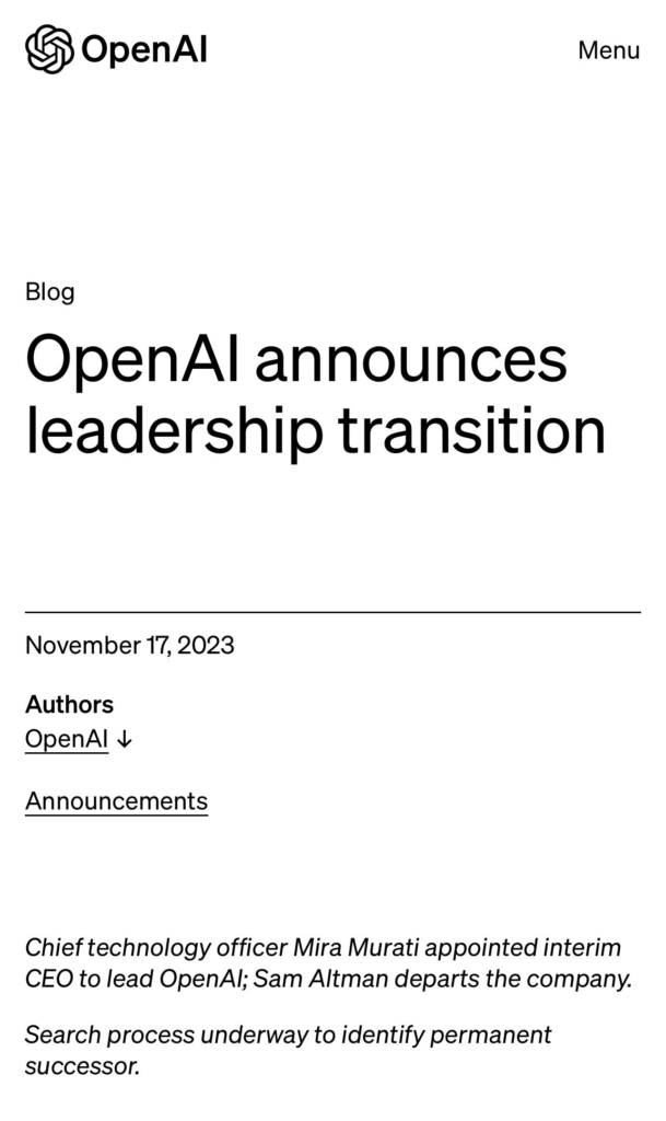 OpenAI宣布解雇CEO奥特曼，CTO米拉·穆拉蒂接管公司