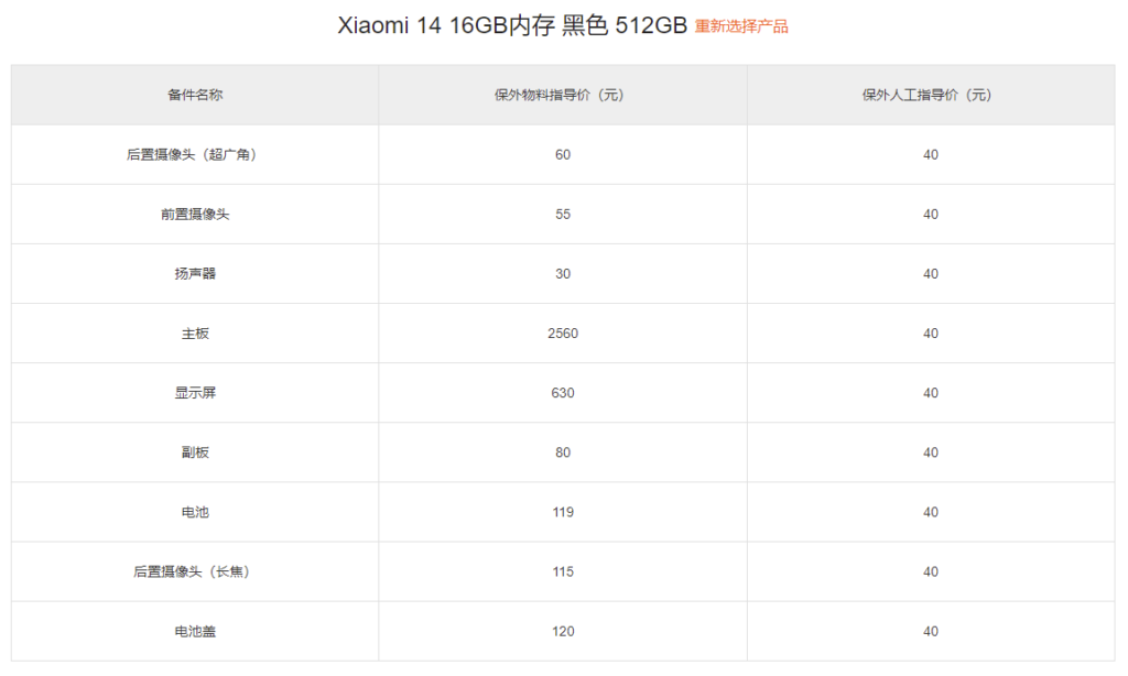 小米 14 系列备件保外维修价格