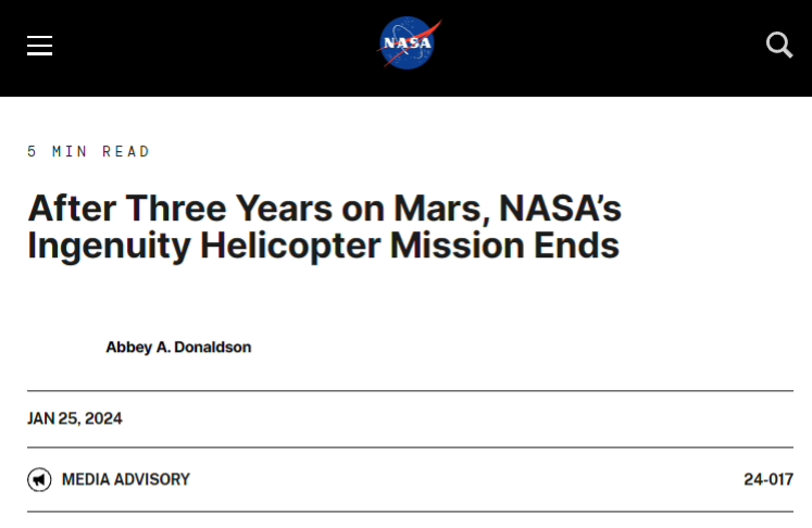 “机智号”火星直升机受损，NASA宣布任务正式结束