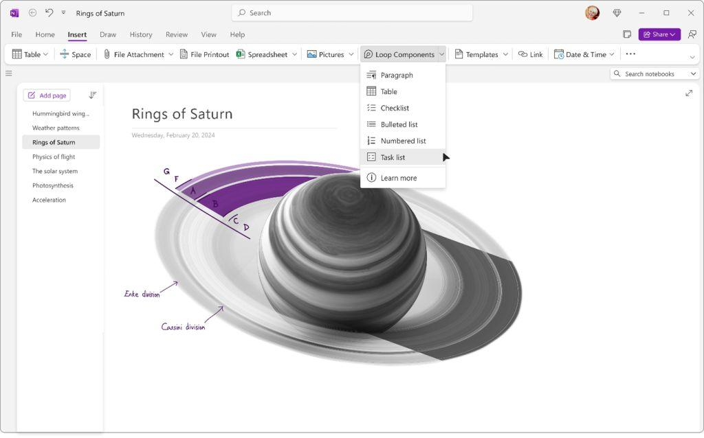 OneNote中整合Microsoft Loop组件