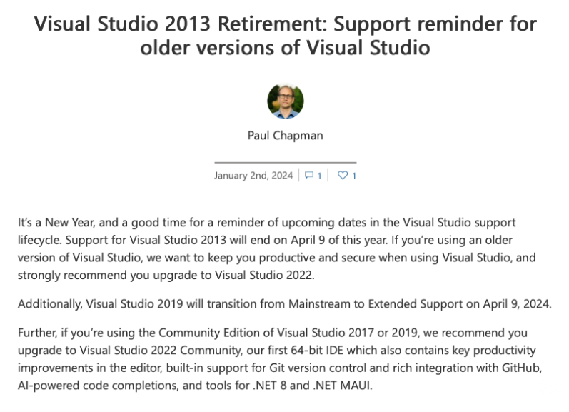 微软宣布结束对Visual Studio 2013的扩展支持，敦促用户升级