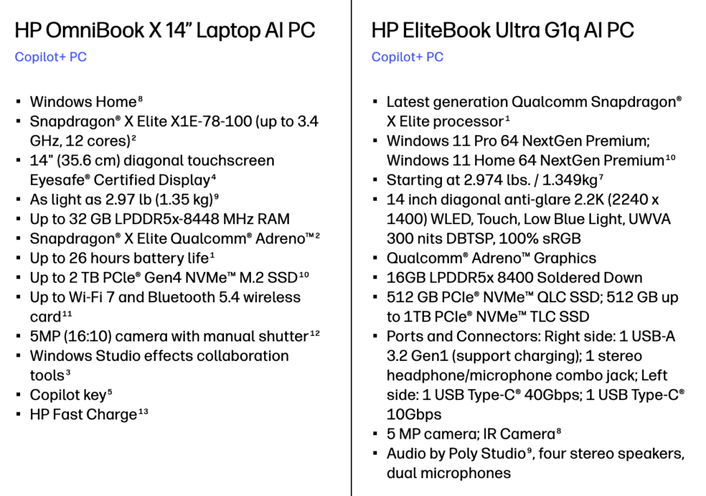 OmniBook X和EliteBook Ultra笔记本参数