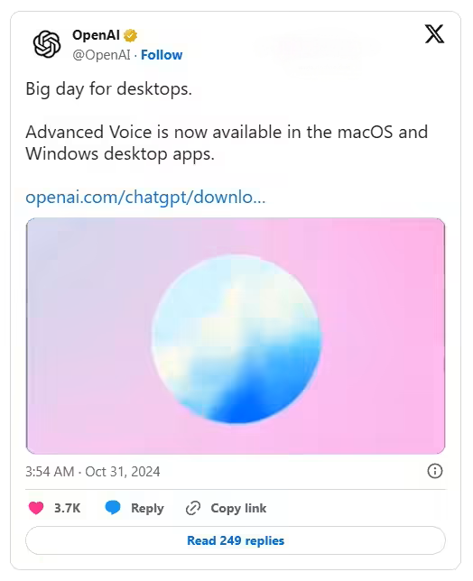 OpenAI高级语音模式正式登陆Windows与Mac