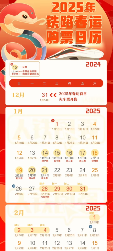 2025年春运铁路购票日历