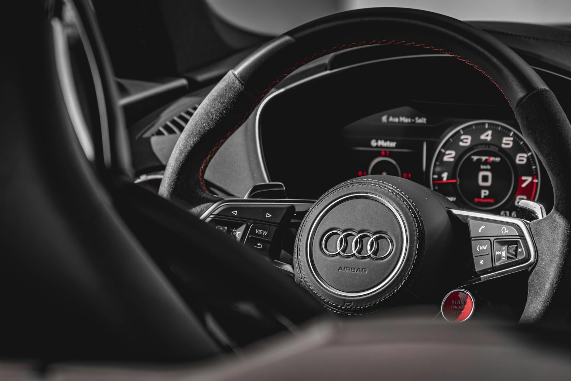 black steering wheel of an audi car