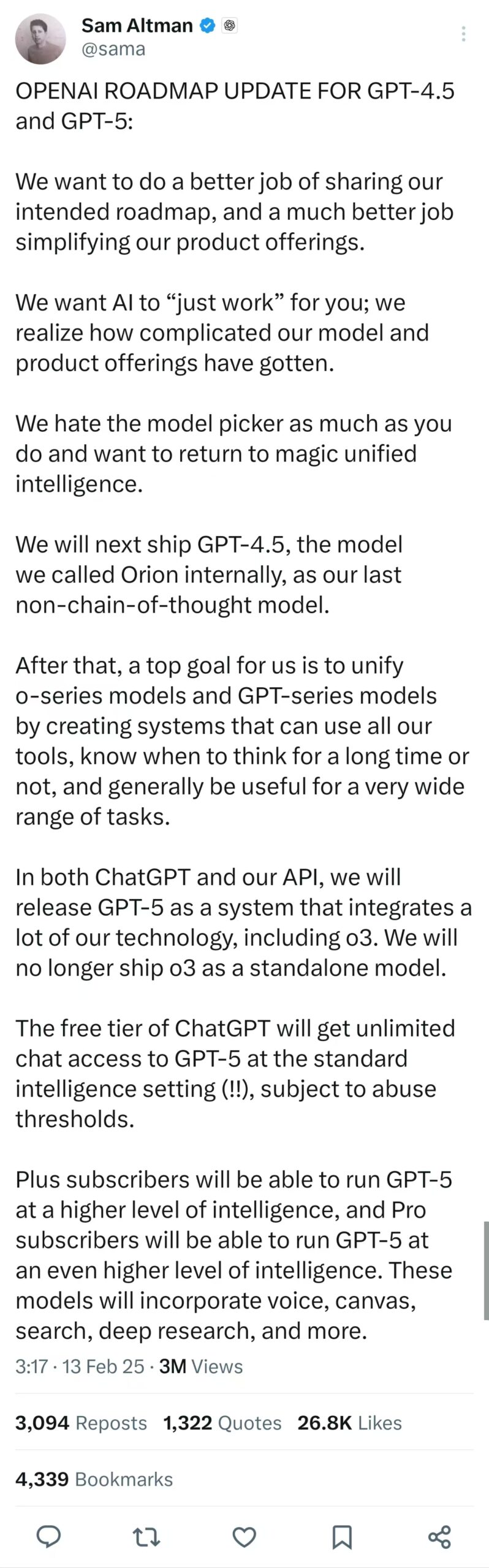 OpenAI 公布 GPT-4.5 与 GPT-5 发展规划